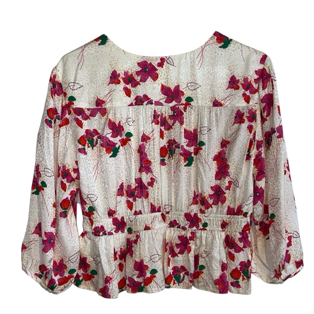 ba&sh Floral V-Neck Crop Ruffle Blouse - Pink and Cream Medium - Picture 4 of 5